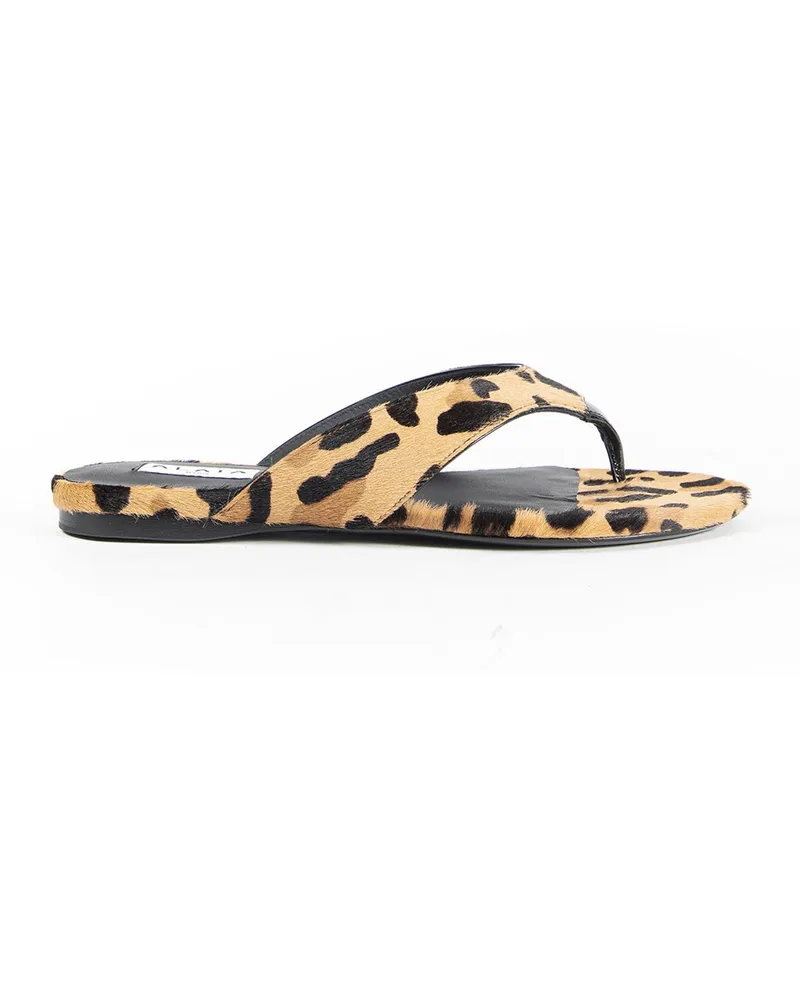 Alaïa Infradito Flat Mules in Leopard Calf Hair Brown