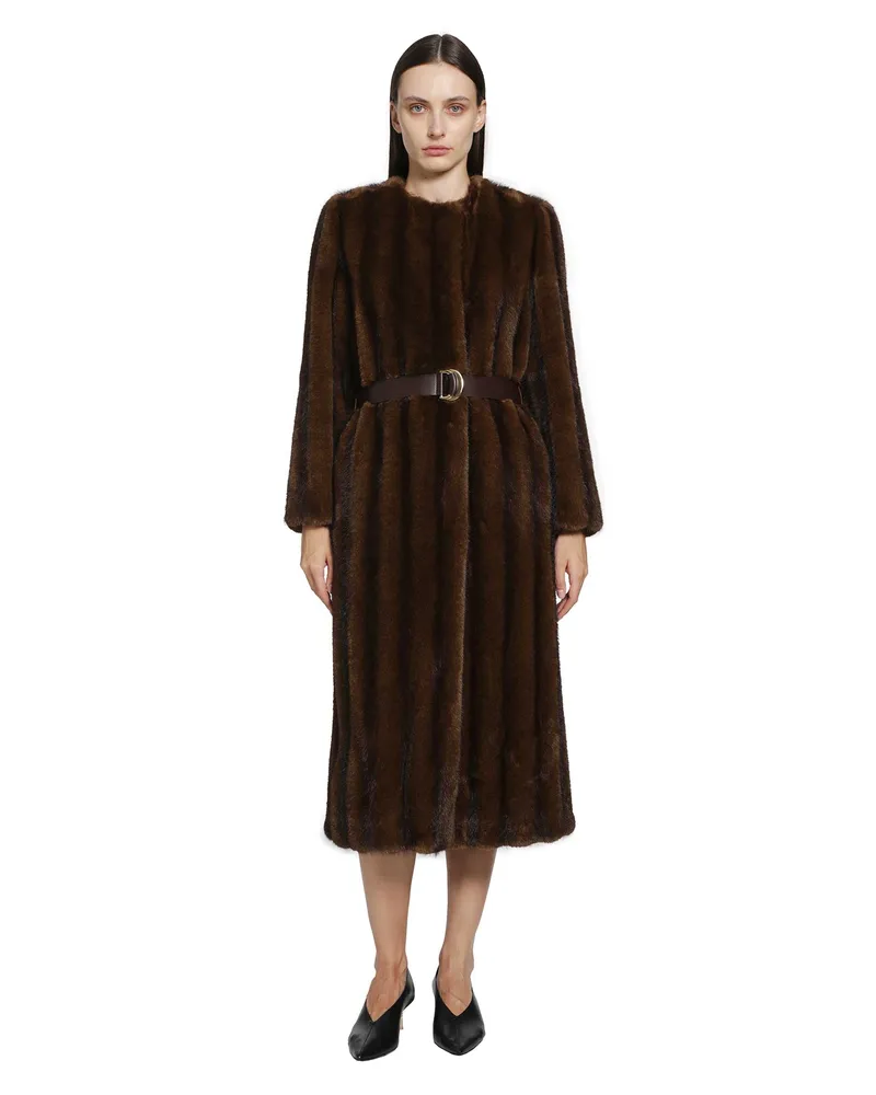 Max Mara Fluffy-Textured Long Coat Brown