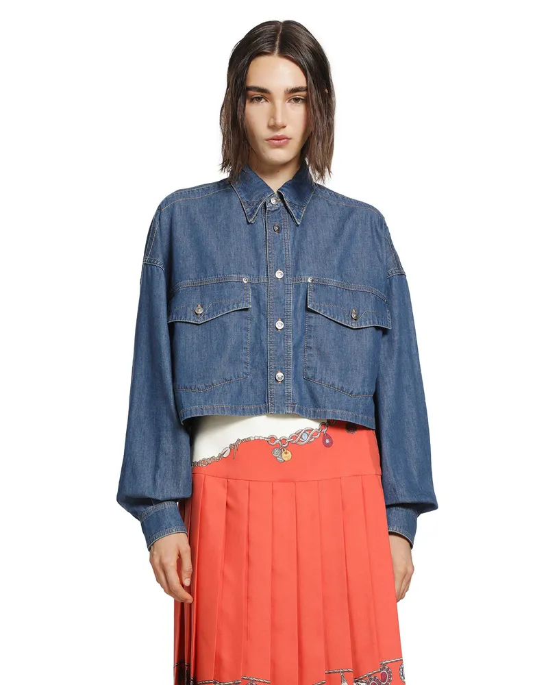 Versace Chambray Denim Crop Shirt Blue