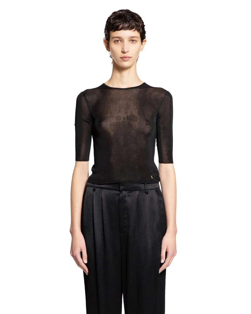 Saint Laurent Top a maniche corte in viscosa trasparente Black