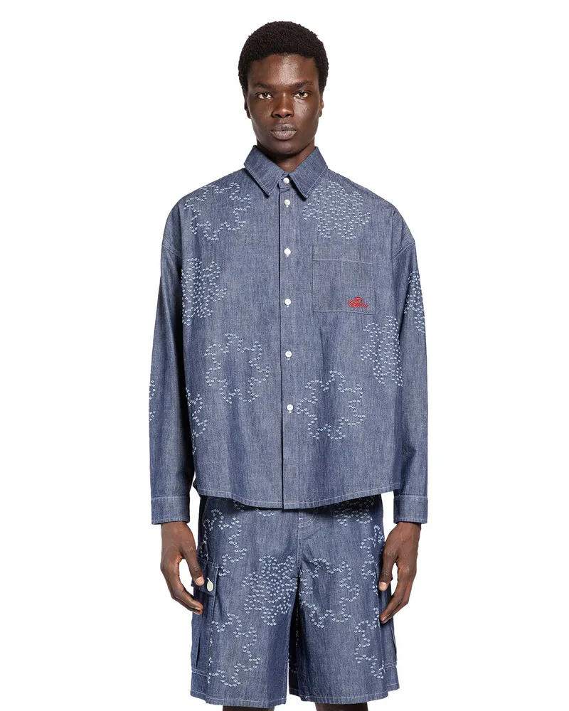 Marni Frayed Sun Motif Shirt in Chambray Blue