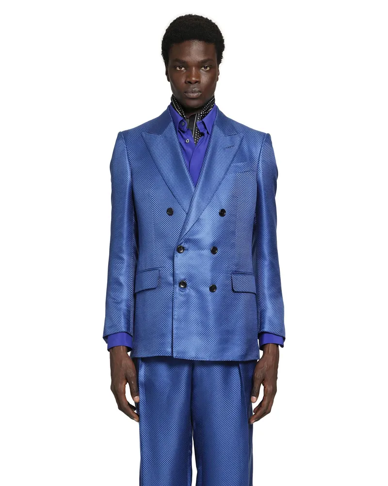 Tom Ford Silk Hopsack Double-Breasted Blazer Blue