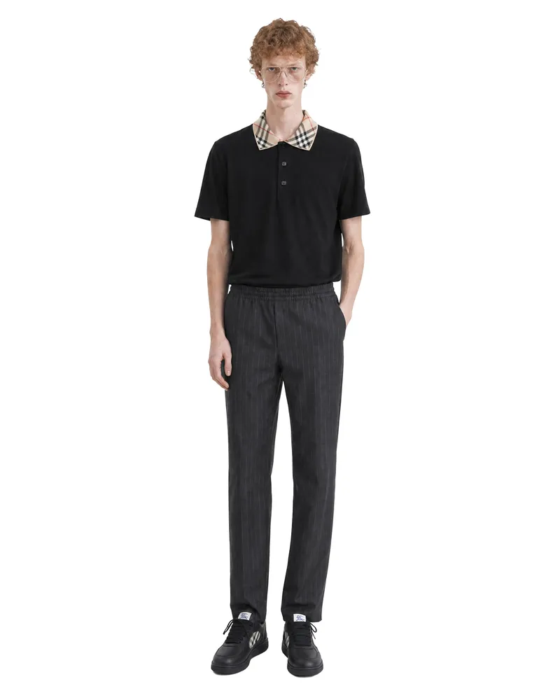 Burberry Check Collar Cotton Polo Shirt Black
