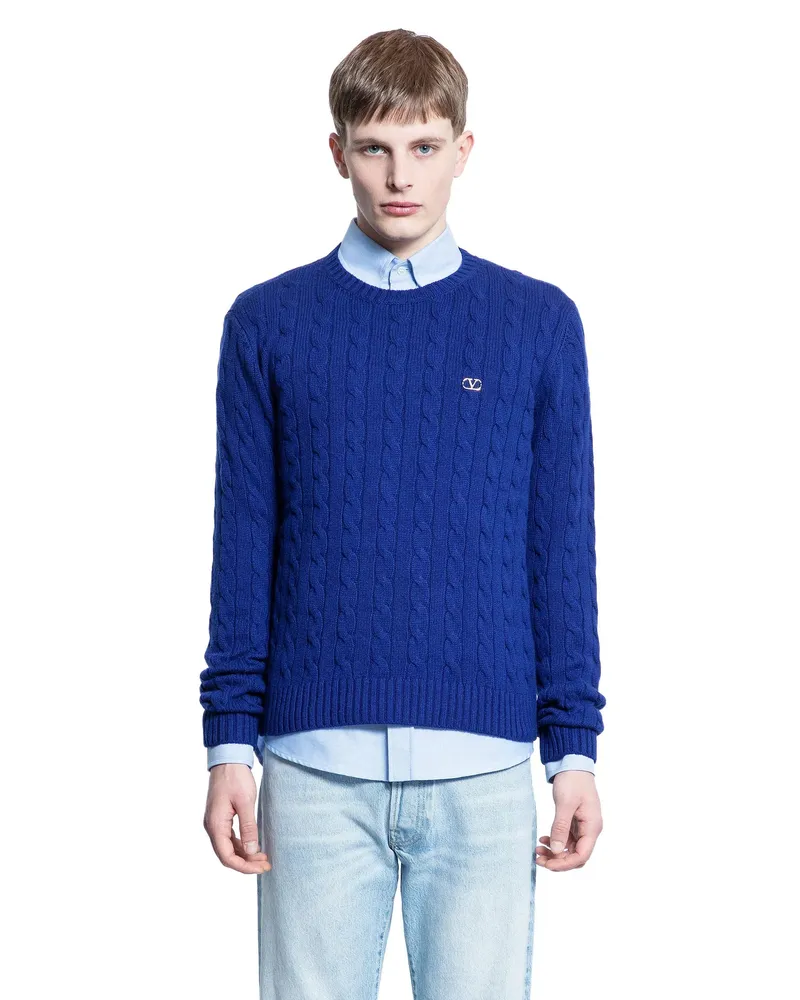 Valentino Garavani VLogo Cashmere Cable Knit Sweater Blue