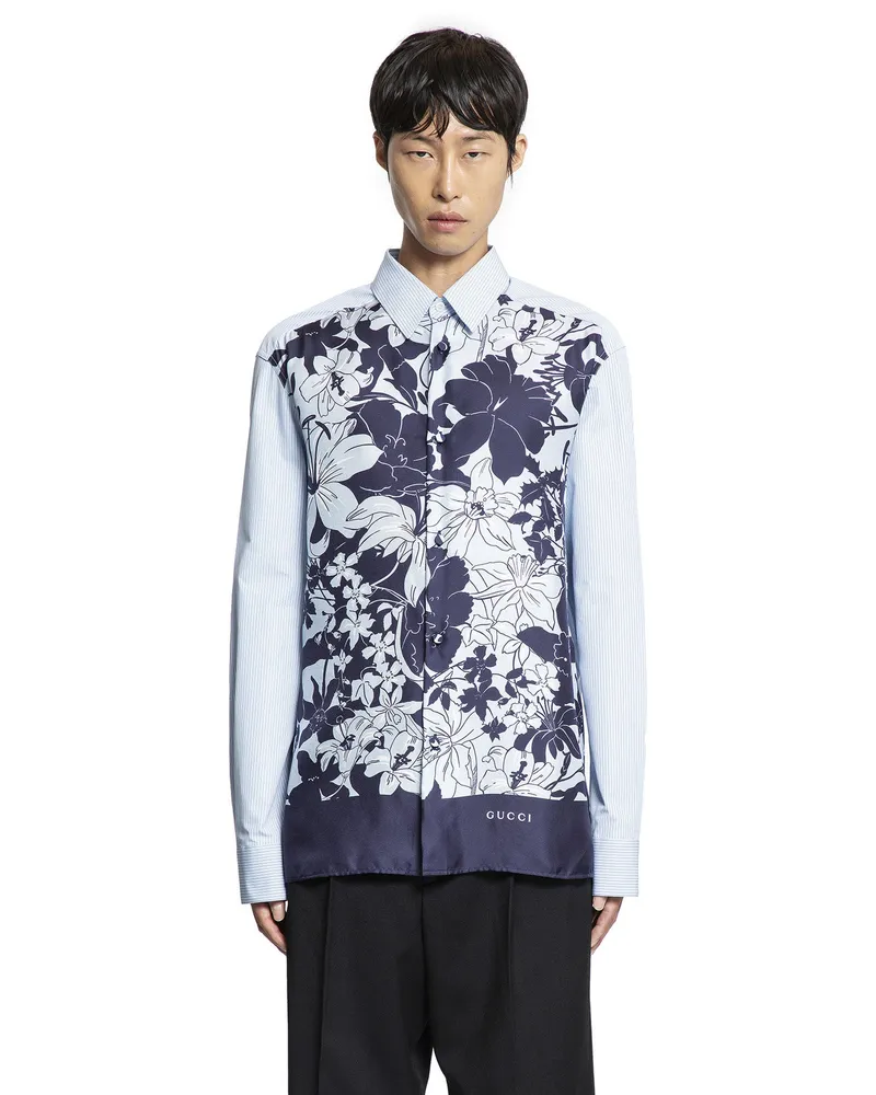 Gucci Floral and Pinstripe Shirt Blue