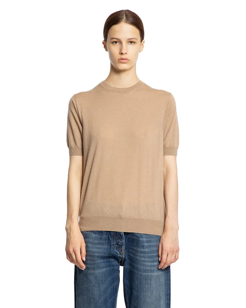 Prada Superfine Cashmere Short Sleeve Sweater Beige