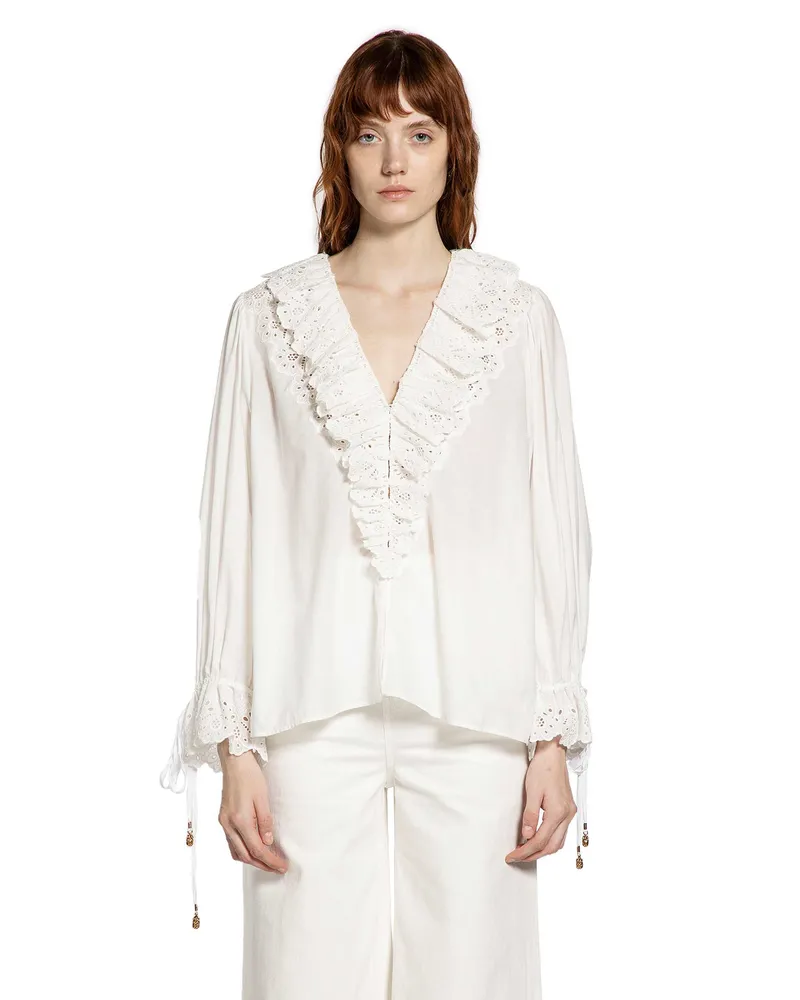 Chloé Puff Sleeve V-Neck Top in Cotton Voile White