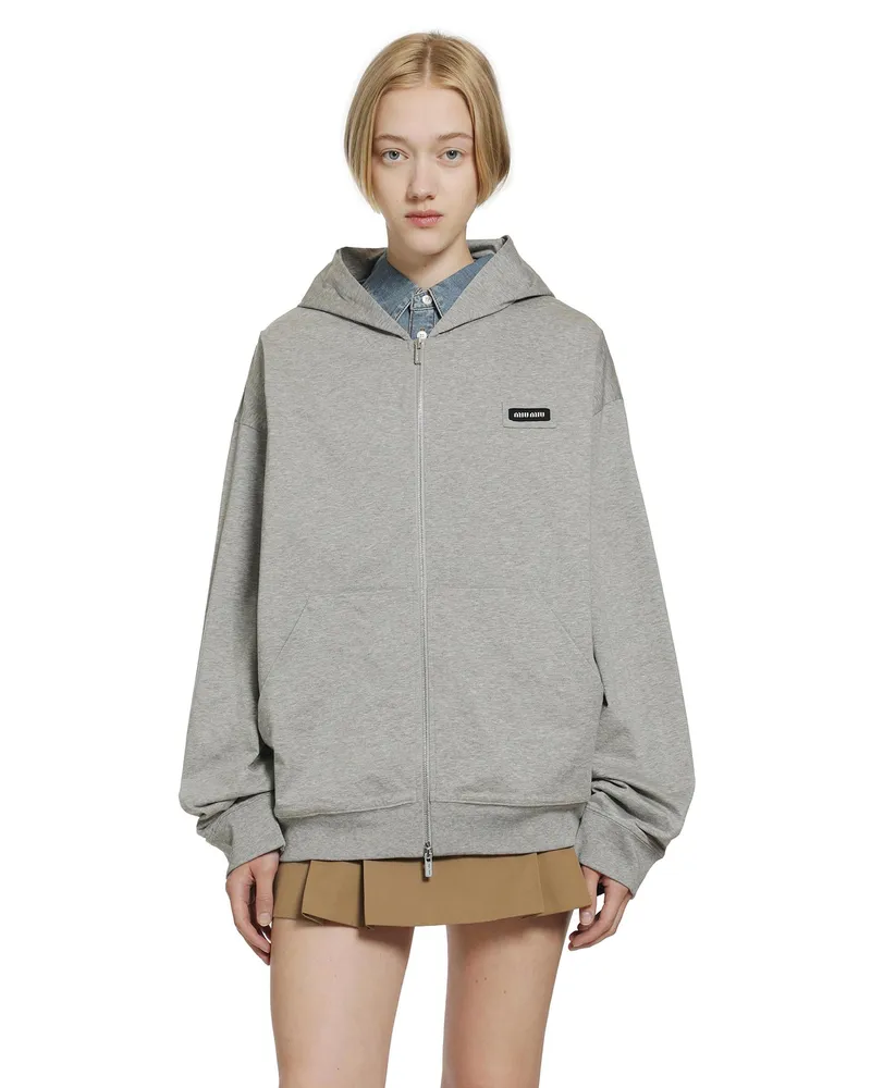 Miu Miu Cotton Jersey-Zip-Up Hoodie Grey
