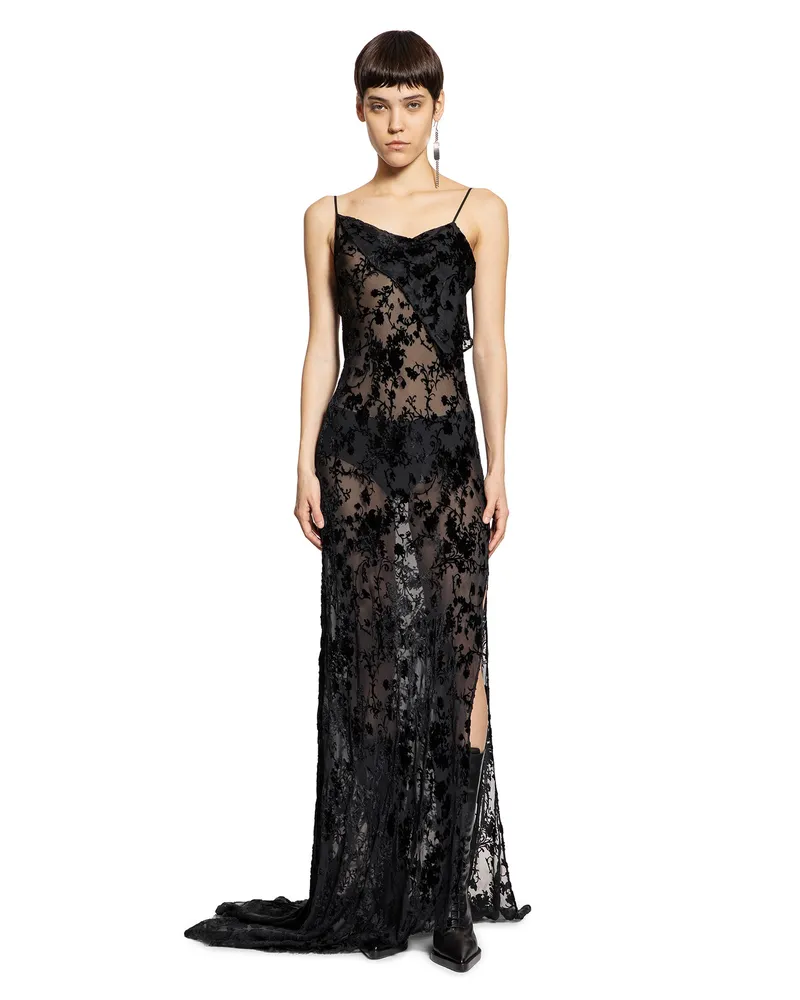 Ann Demeulemeester Aaricia Long Bias Slip Dress in Velvet Devoré Black