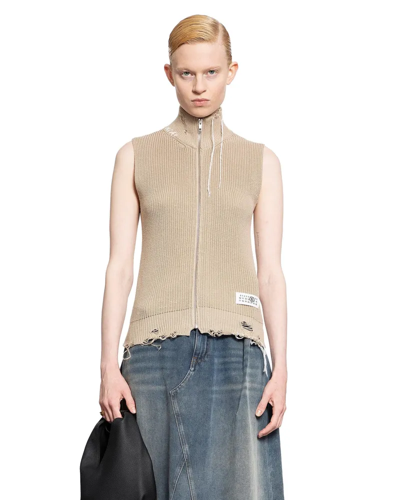 Maison Margiela Distressed Cotton Knit Gilet Beige