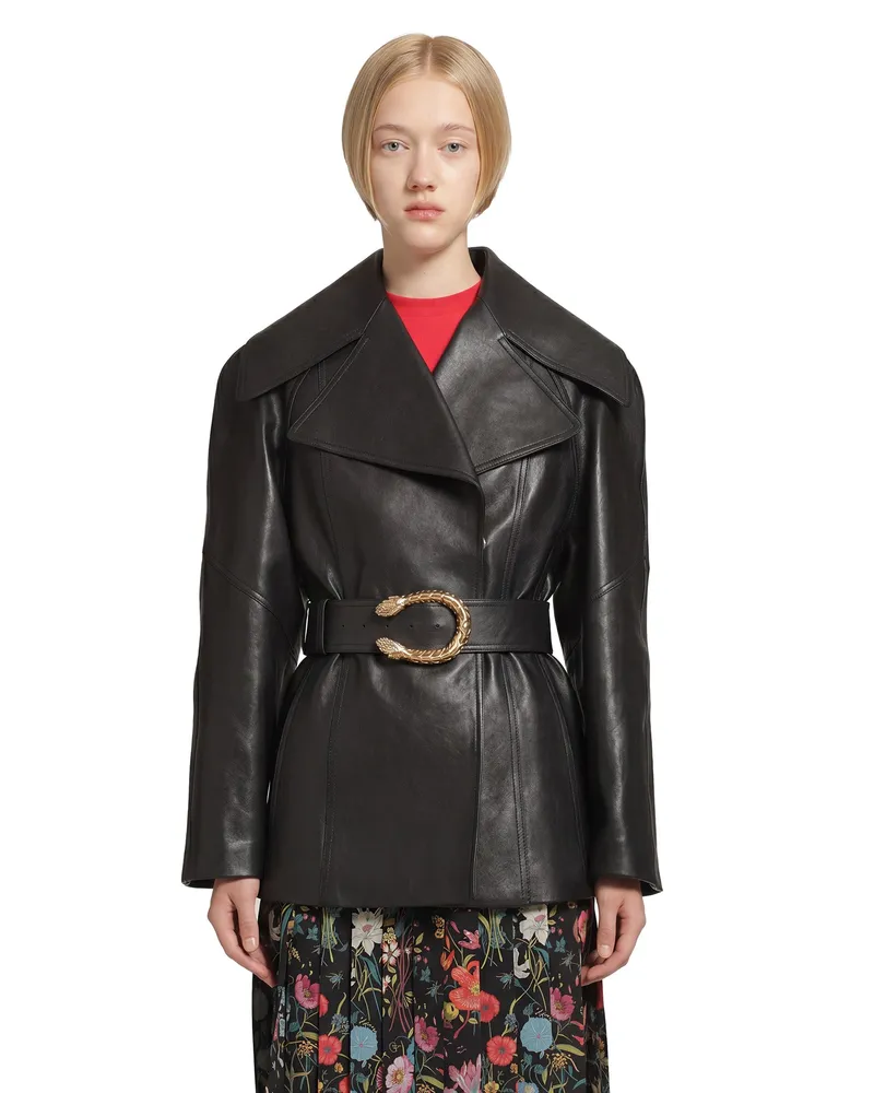 Gucci Belted Leather Nappa Trench Coat Black