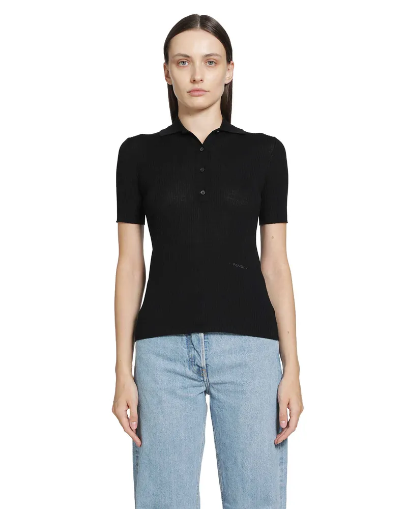 Fendi Wool Ribbed Polo Shirt Black