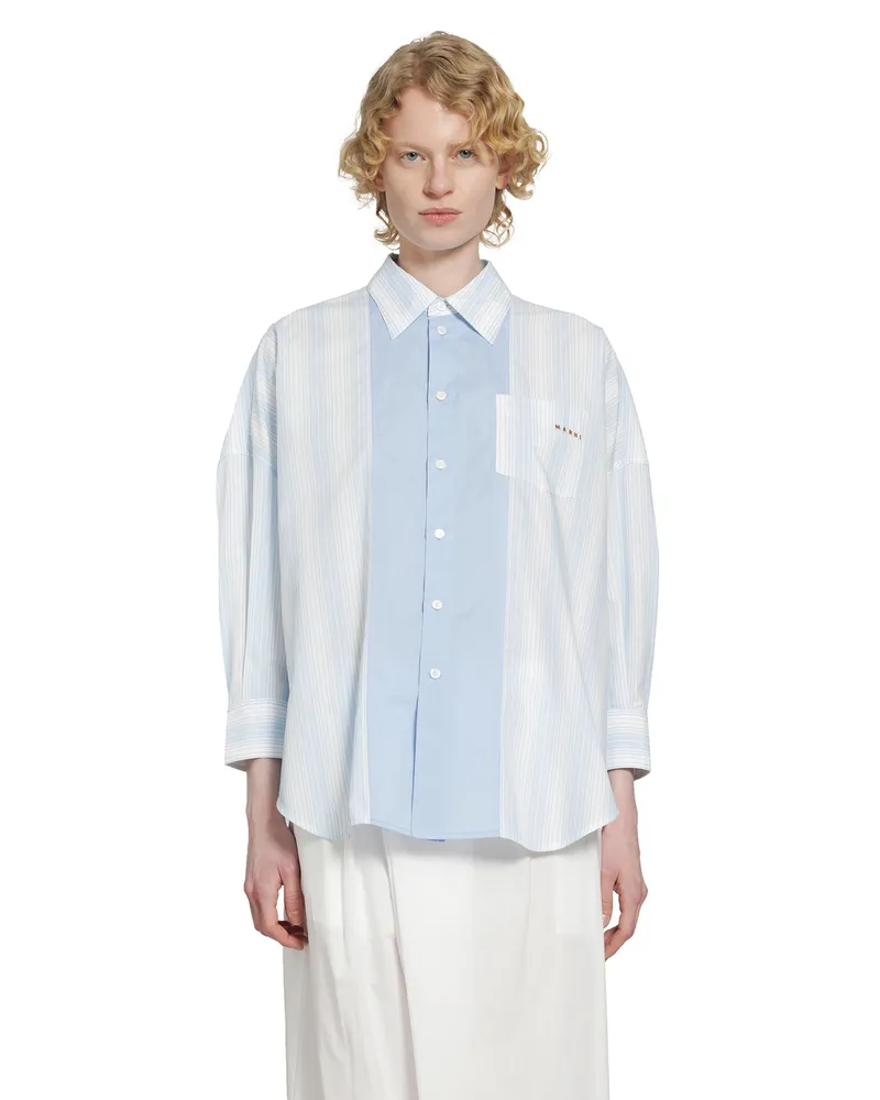 Marni Cotton Poplin Pinstriped Patchwork Shirt Blue