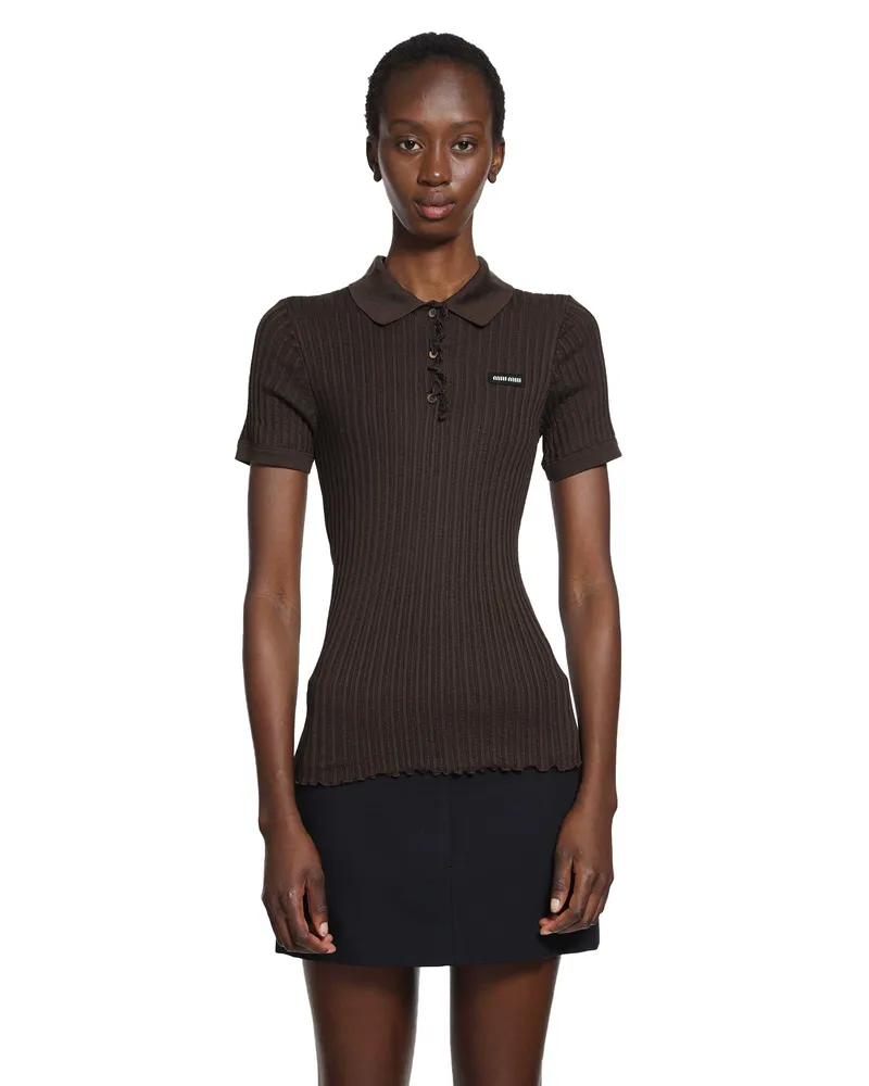 Miu Miu Silk Knit Polo Shirt Brown