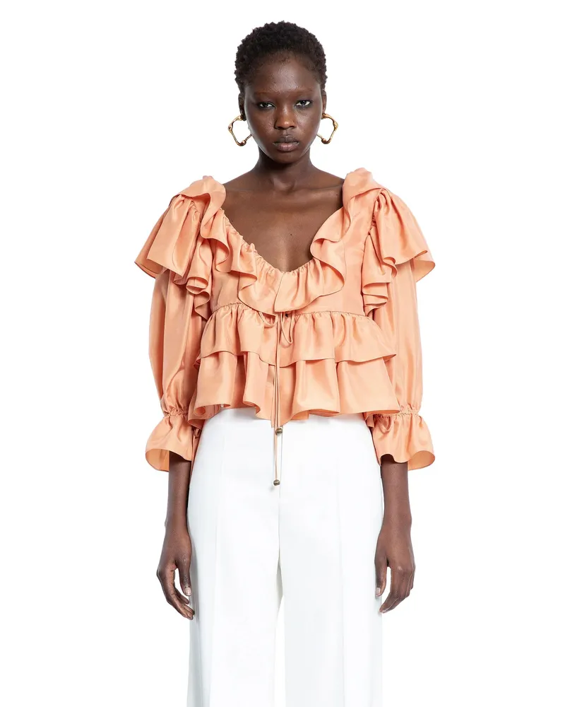 Chloé Cropped Ruffe Top in Washed Silk Poplin Pink