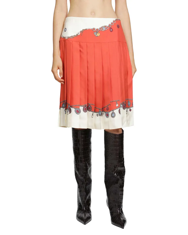 Versace Printed Twill Silk Midi Skirt Orange