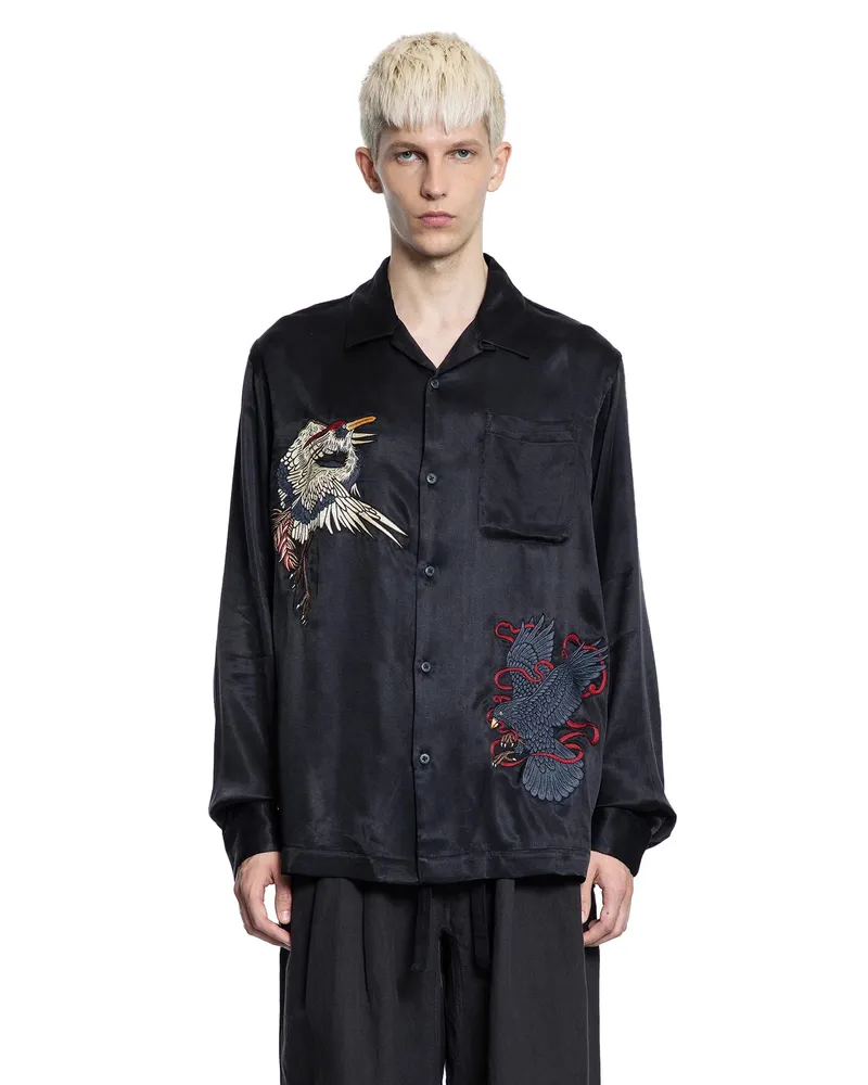 maharishi Crow and Heron Camp Collar Shirt Black