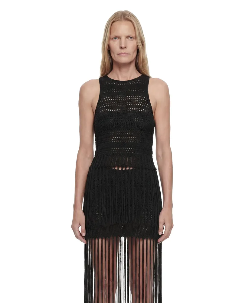 Laneus Fringed Crochet Knit Top Black