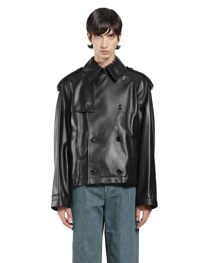 Burberry Cropped Leather Leadenham Trench Coat Black