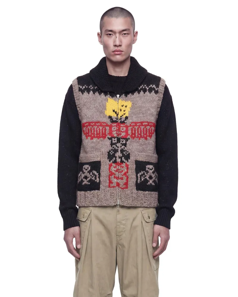 KAPITAL Hand Knit Peckish Totem Pole Vest Beige