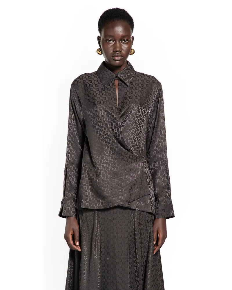 Fendi Jacquard Silk Shirt with Wrap Detail Brown