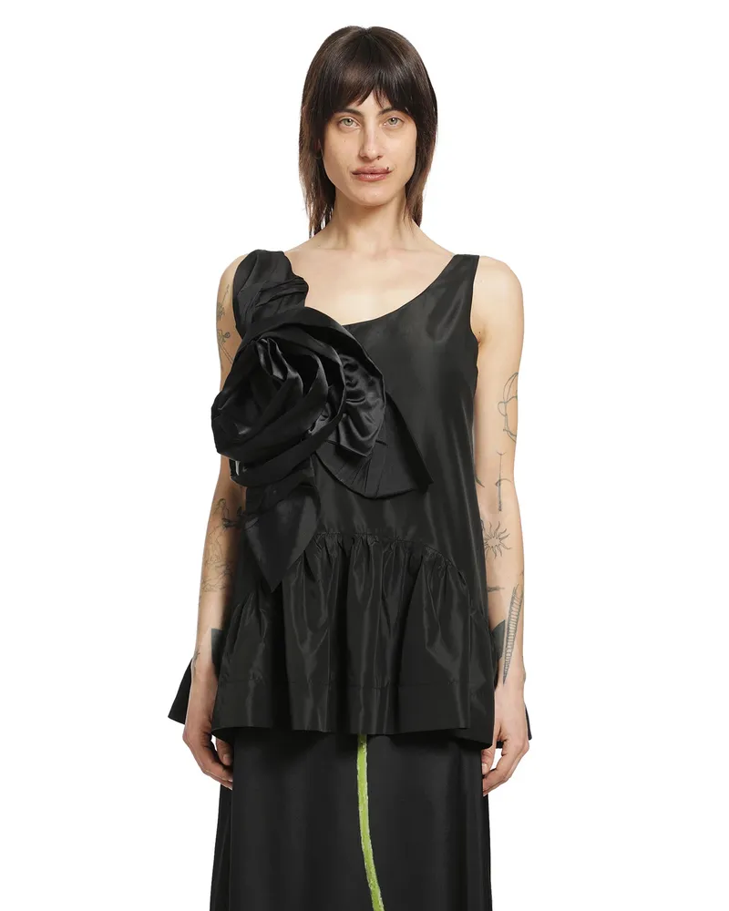 Simone Rocha Pressed Rosette Tilted Neck Peplum Top Black