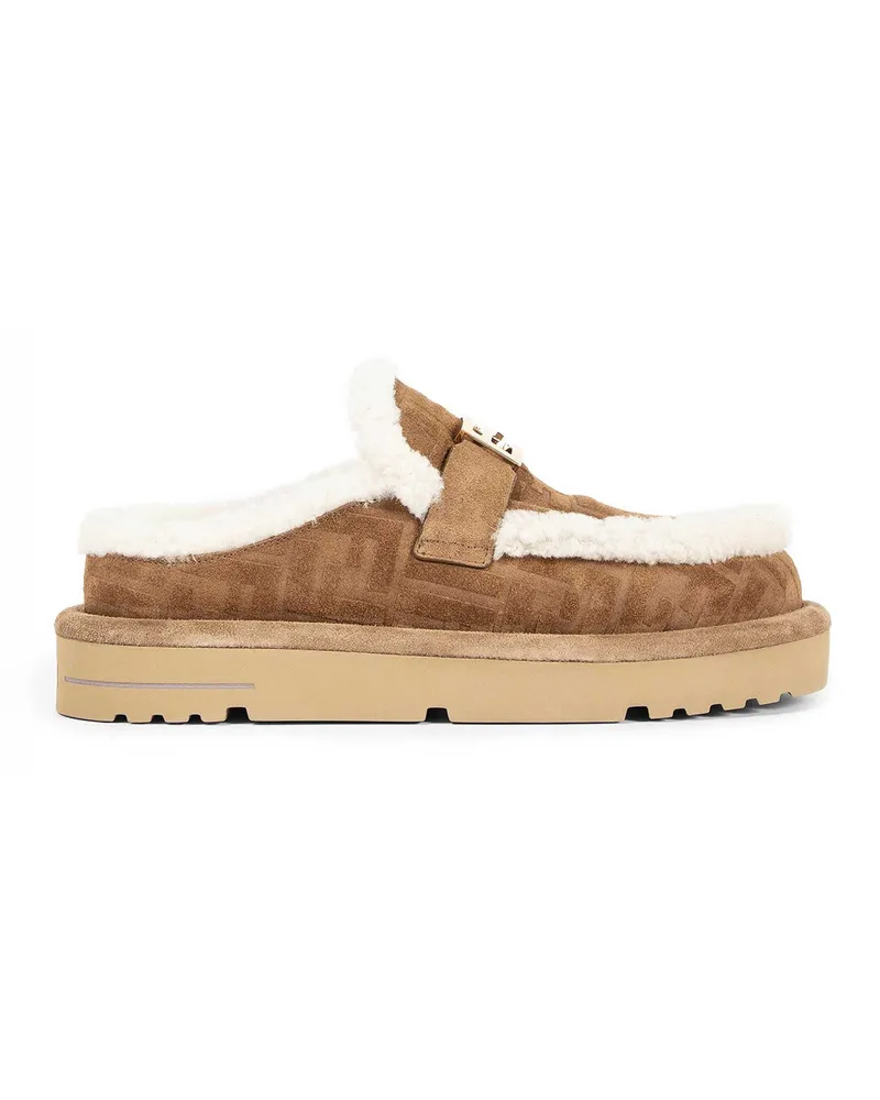 Fendi FF Suede Mule Loafers Brown