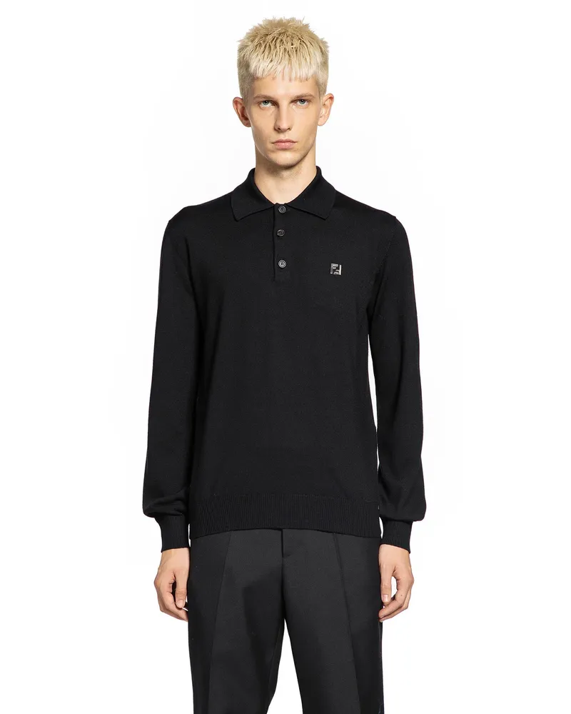 Fendi Stretch Wool Polo Shirt with Collar Black