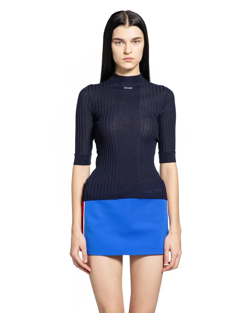 Miu Miu Ribbed-Knit Wool Top Blue