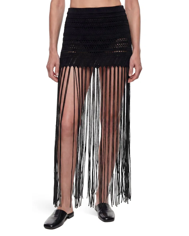 Laneus Fringed Crochet Knit Skirt Black