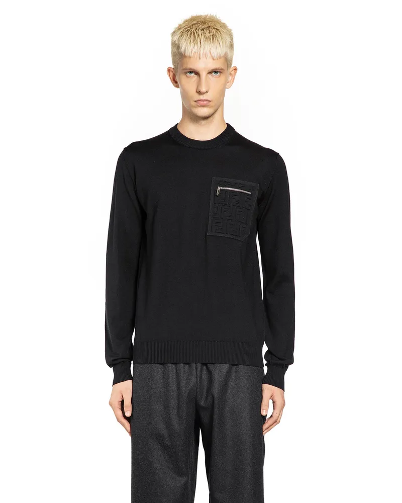 Fendi Crewneck Wool Sweater with Monogram Black