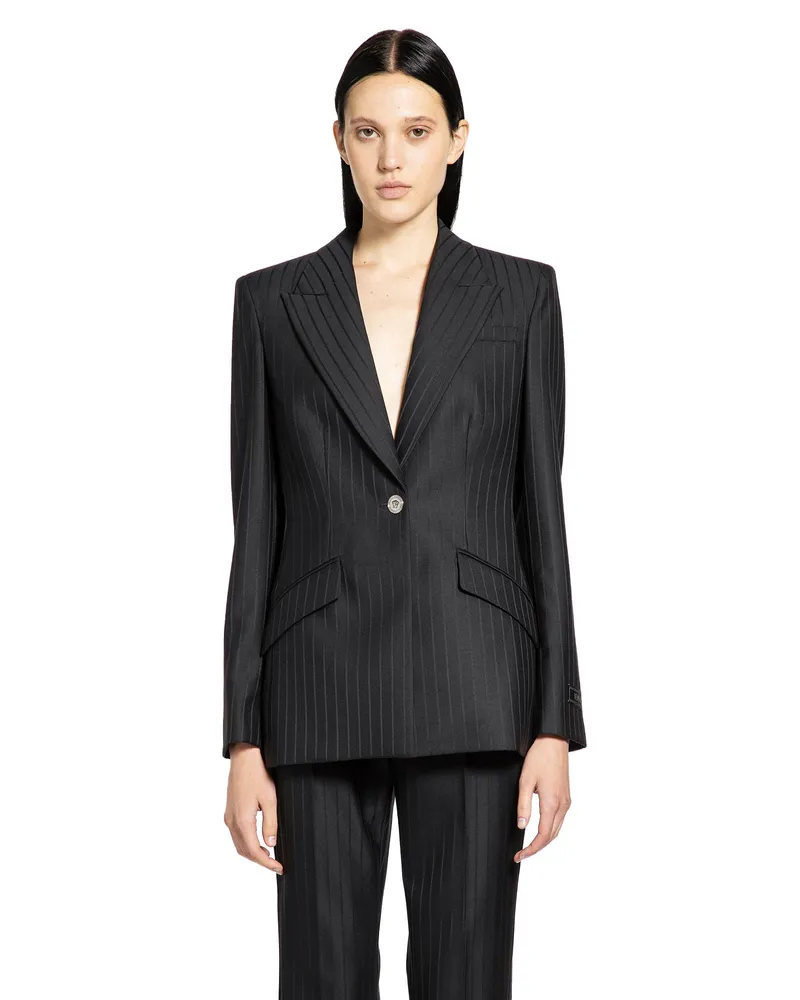 Versace Wool Pinstripe DV Blazer Black