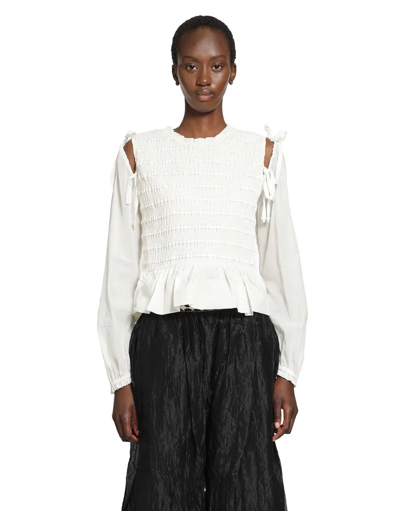 Renli Su Smocked Cotton Blouse White