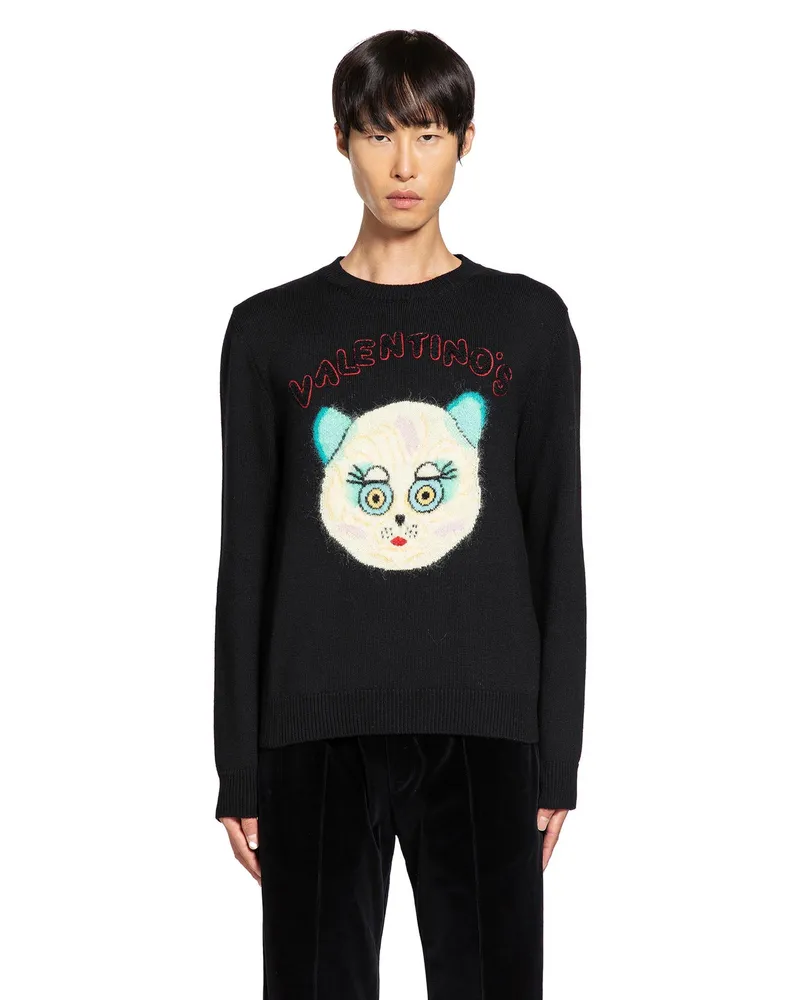 Valentino Garavani Wool Cotton Chat De La Maison Sweater Black