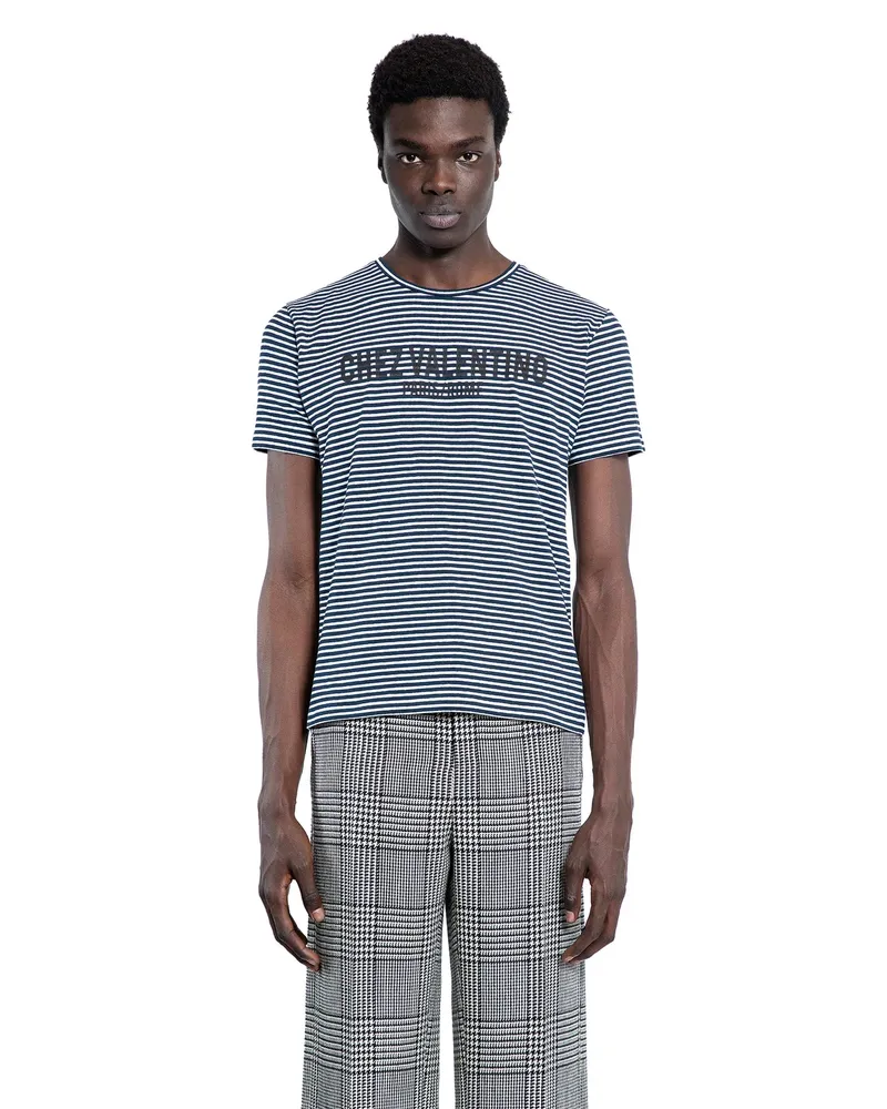 Valentino Garavani Striped Cotton Linen Chez  T-Shirt Blue