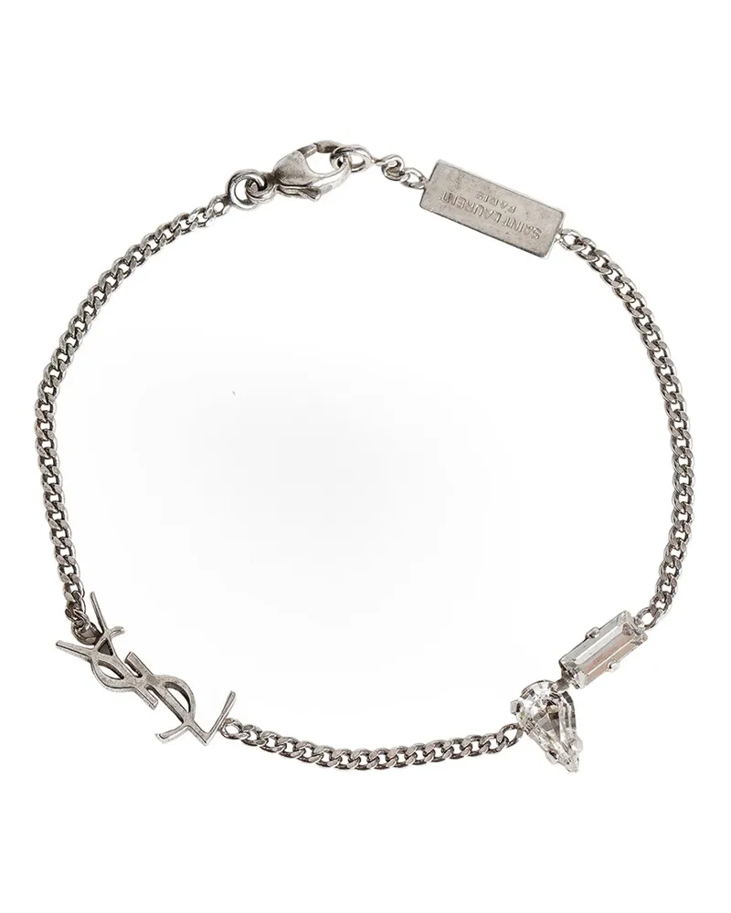 Saint Laurent Bracciale a catena Cassandre in metallo e strass Silver