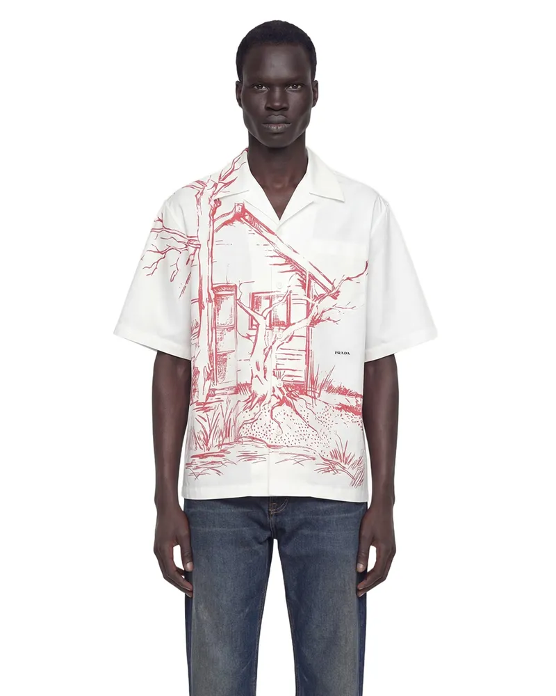 Prada Printed Cotton Bowling Shirt White