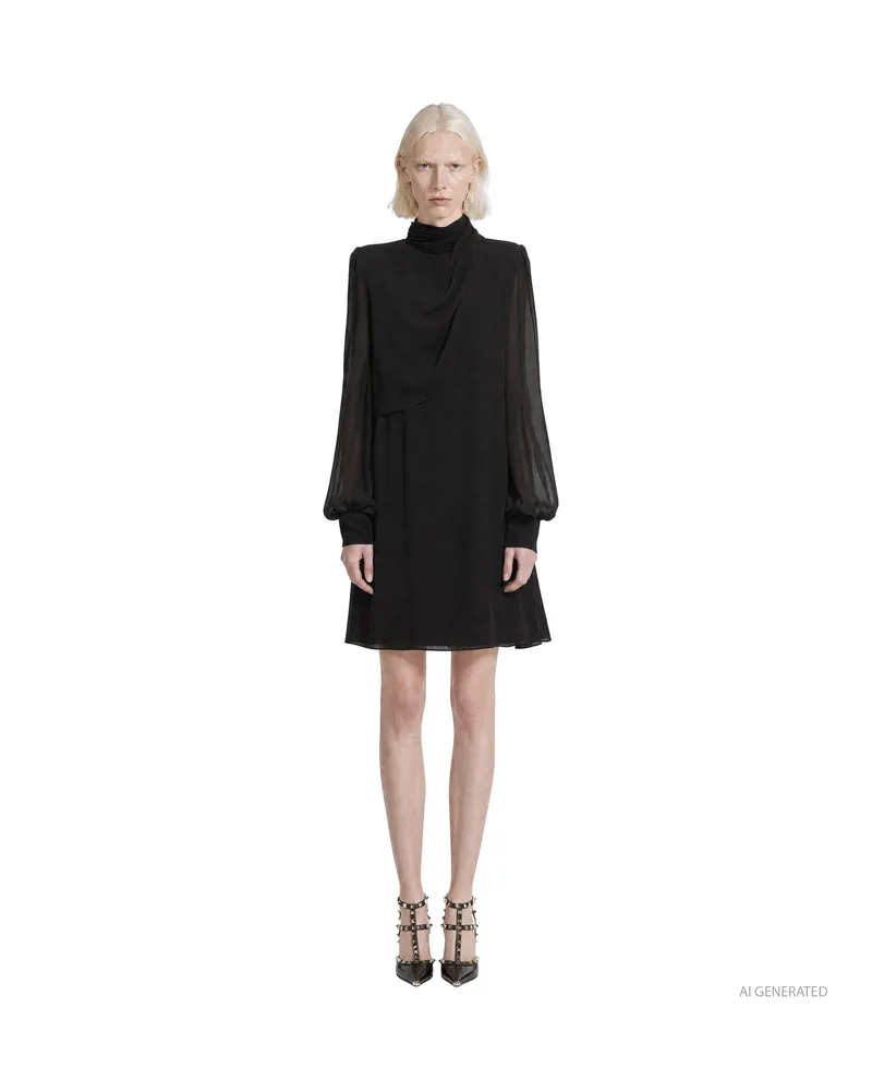 Valentino Garavani Draped High Neck Silk Mini Dress Black
