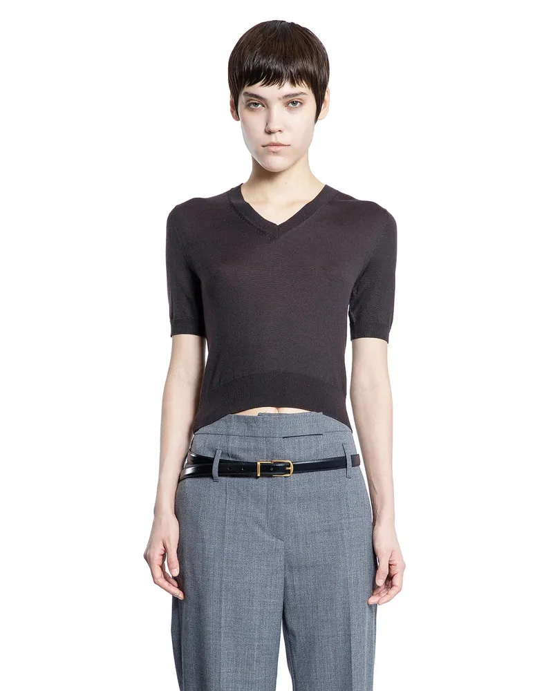 Prada V-Neck Wool Short Sleeve Sweater Brown