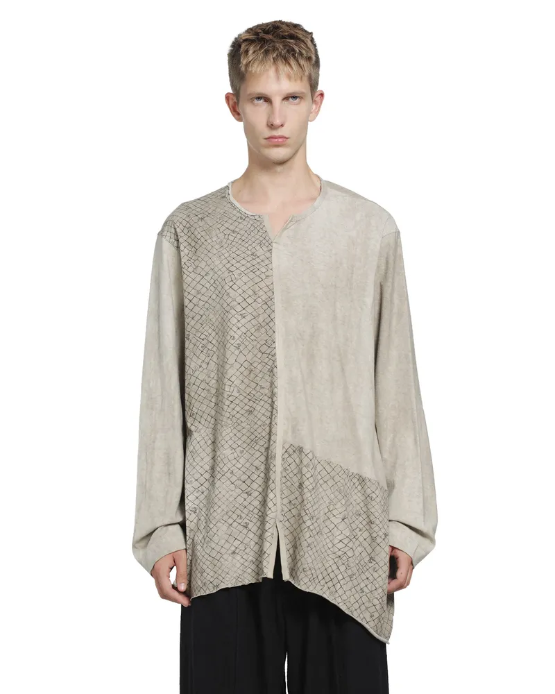 Ziggy Chen Screen Print V-Neck Long Sleeve T-Shirt Beige