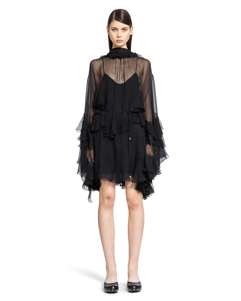 Chloé Mini Ruffled Dress in Silk Muslin Black