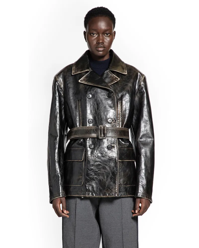 Miu Miu Double-breasted Leather Caban Jacket Black