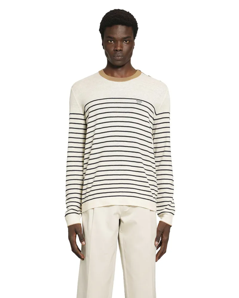 Prada Striped Linen and Cotton Sweater Off-white