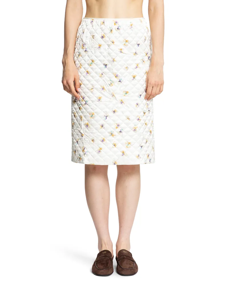 Prada Quilted Floral Print Midi Skirt White