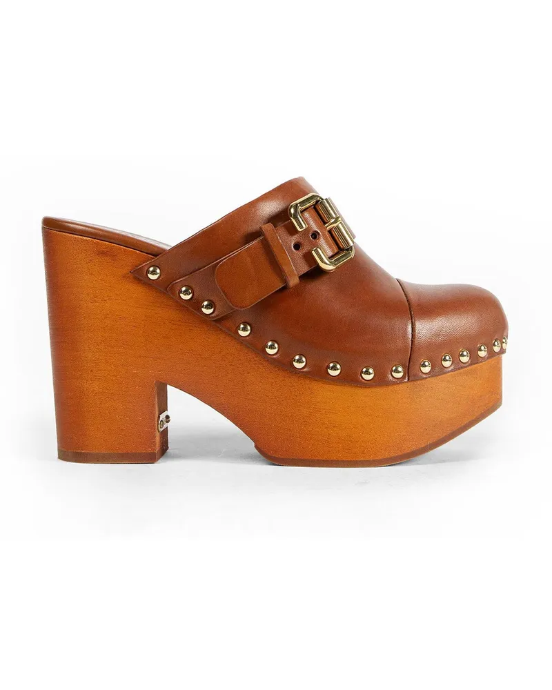Chloé Jeannette Leather Wedge Mules Brown