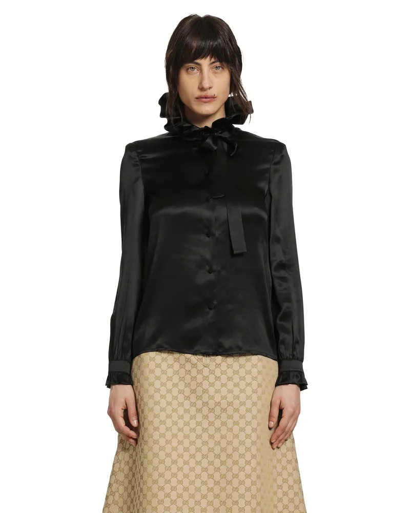 Gucci Silk Satin Ruffled Shirt Black
