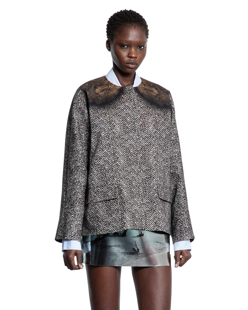 Prada Printed Drill Caban Jacket Brown