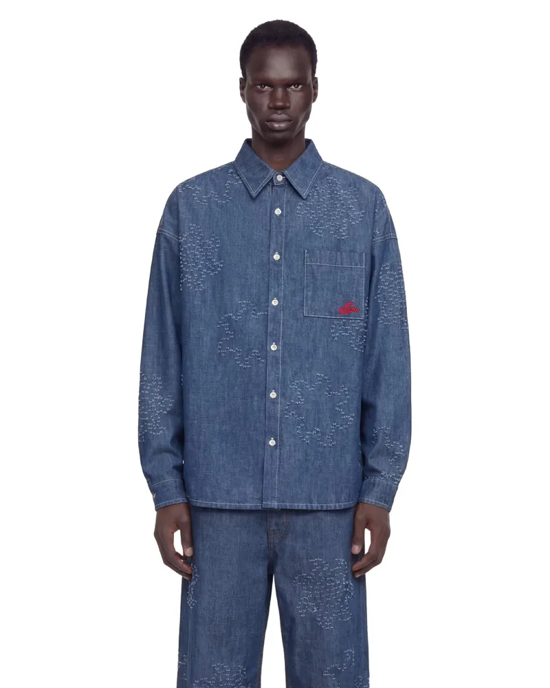 Marni Frayed Sun Motif Shirt in Chambray Blue