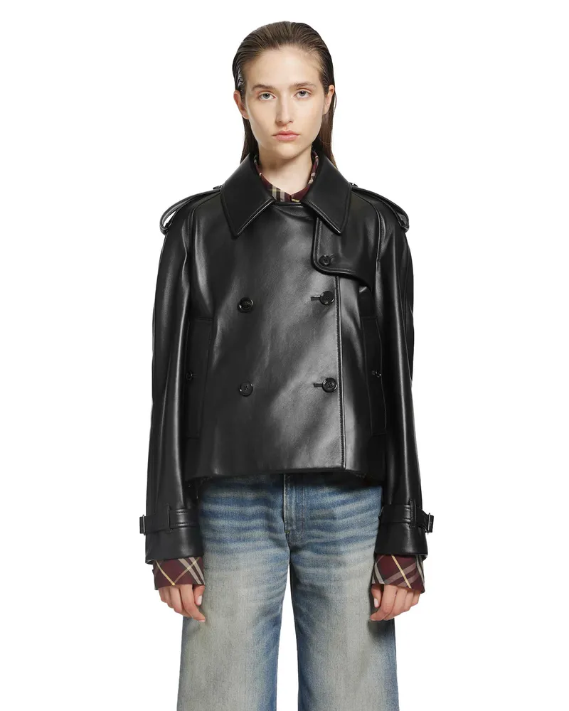 Burberry Cropped Leather Mayfair Trench Jacket Black