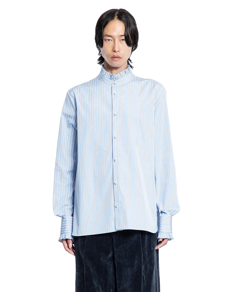 Valentino Garavani Striped Cotton Shirt with Ruffles Blue